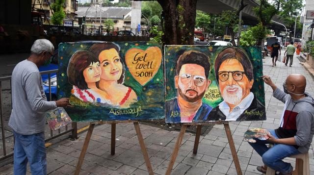 Mumbai: Gurukul students and teachers create paintings of Bollywood actor Amitabh Bachchan and his family members, after they tested positive for COVID-19. (PTI) Mumbai: Gurukul students and teachers create paintings of Bollywood actor Amitabh Bachchan and his family members, after they tested positive for COVID-19. (PTI)