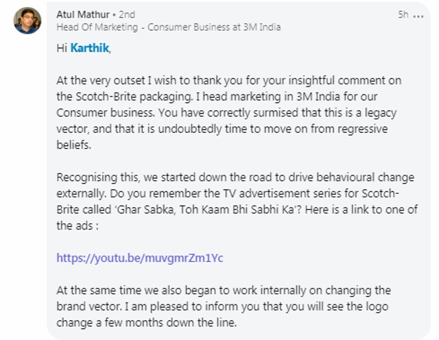 Atul Mathur’s reply, Head Of Marketing at 3M India (Scotch-Brite’s parent company). (LinkedIn/Atul Mathur)