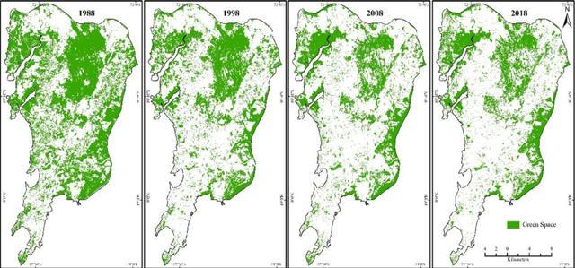 Researchers used Landsat-5 and Landsat-8 multi-temporal satellite images provided by United States Geological Survey to assess land use land cover (LULC) changes,proportion of vegetation (above), land surface temperature (LST) (below), and other parameters for Mumbai during spring (March-April) over 30 years. Researchers used Landsat-5 and Landsat-8 multi-temporal satellite images provided by United States Geological Survey to assess land use land cover (LULC) changes,proportion of vegetation (above), land surface temperature (LST) (below), and other parameters for Mumbai during spring (March-April) over 30 years.