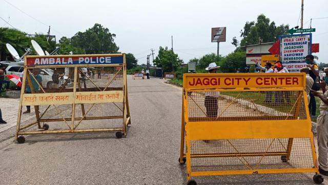 Barricades put up en route to the Ambala air base as security was stepped up on Wednesday. (HT Photo) Barricades put up en route to the Ambala air base as security was stepped up on Wednesday. (HT Photo)