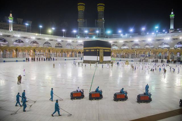 The area around the Kaaba is prepared for pilgrims, in Mecca, Saudi Arabia, Monday, July 27, 2020. Only about 1,000 pilgrims will be allowed to perform the annual hajj pilgrimage this year due to the virus pandemic. (AP) The area around the Kaaba is prepared for pilgrims, in Mecca, Saudi Arabia, Monday, July 27, 2020. Only about 1,000 pilgrims will be allowed to perform the annual hajj pilgrimage this year due to the virus pandemic. (AP)
