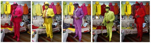 A combination picture shows Kenyan fashionista James Maina Mwangi posing as he displays his attire comprising at least 160 suits with matching accessories including a mask to prevent the coronavirus disease (COVID-19) infection at his residence in Nairobi, Kenya July 30, 2020. (REUTERS) A combination picture shows Kenyan fashionista James Maina Mwangi posing as he displays his attire comprising at least 160 suits with matching accessories including a mask to prevent the coronavirus disease (COVID-19) infection at his residence in Nairobi, Kenya July 30, 2020. (REUTERS)