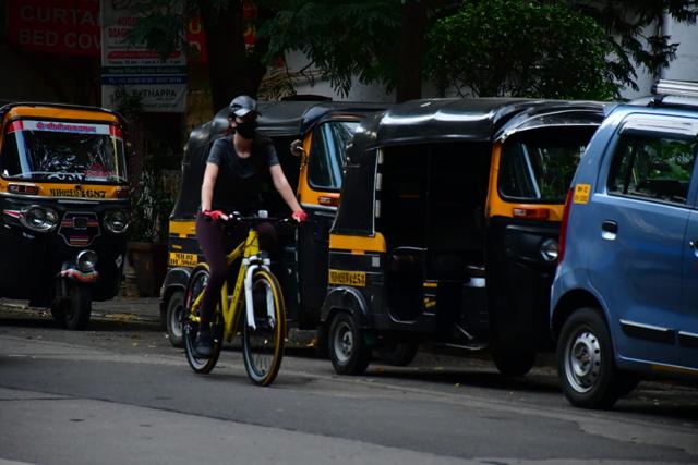 Katrina Kaif cycling on Mumbai street. (Varinder Chawla)