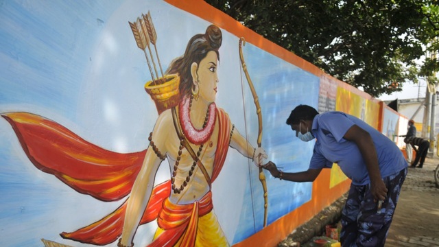 A worker painting a picture of Lord Ram on a wall in Ayodhya in preparation of the foundation laying-ceremony of Ram Temple. (HT Photo ) A worker painting a picture of Lord Ram on a wall in Ayodhya in preparation of the foundation laying-ceremony of Ram Temple. (HT Photo )