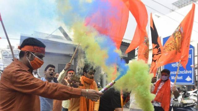 Delhi BJP workers celebrating on the historical Day of the Ram Temple bhoomi pujan . (Sonu Mehta/HT ) Delhi BJP workers celebrating on the historical Day of the Ram Temple bhoomi pujan . (Sonu Mehta/HT )