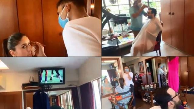 Kareena Kapoor and Saif Ali Khan get their makeup done at home. Kareena Kapoor and Saif Ali Khan get their makeup done at home.