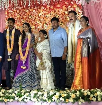 Niharika Konidelaand Chaitanya Jonnalagadda with Chiranjeevi. Niharika Konidelaand Chaitanya Jonnalagadda with Chiranjeevi.