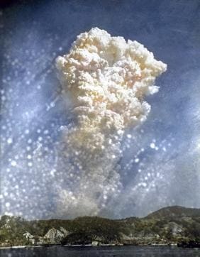 This file photo digitally colorized and published in 2020 by Anju Niwata and Hidenori Watanave shows smoke rises around 20,000 feet above Hiroshima, Japan, after the first atomic bomb was dropped on Aug. 6, 1945. (AP) This file photo digitally colorized and published in 2020 by Anju Niwata and Hidenori Watanave shows smoke rises around 20,000 feet above Hiroshima, Japan, after the first atomic bomb was dropped on Aug. 6, 1945. (AP)