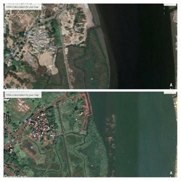 Google Earth maps portraying the difference between the section of the Thane creek in 2020 (above) and 2010 (below). (HT Photo) Google Earth maps portraying the difference between the section of the Thane creek in 2020 (above) and 2010 (below). (HT Photo)