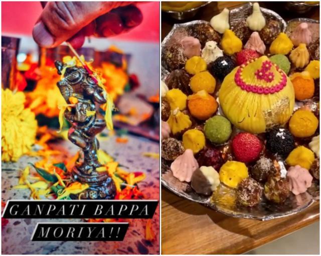 (Left) Kunal Kemmu wished fans while Shilpa shared modaks used as prasad. (Left) Kunal Kemmu wished fans while Shilpa shared modaks used as prasad.