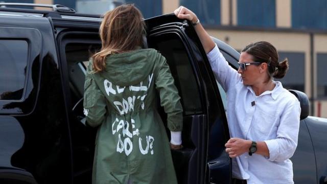 Melania wearing the Zara jacket in 2018. (Reuters) Melania wearing the Zara jacket in 2018. (Reuters)