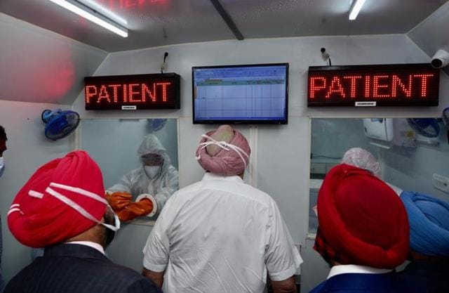 An inside view of the mobile corona testing facility. (HT Photo)