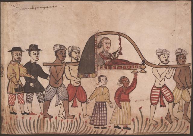 Illustration of a Portuguese woman in a palanquin in the Codex. (Wikimedia Commons) Illustration of a Portuguese woman in a palanquin in the Codex. (Wikimedia Commons)