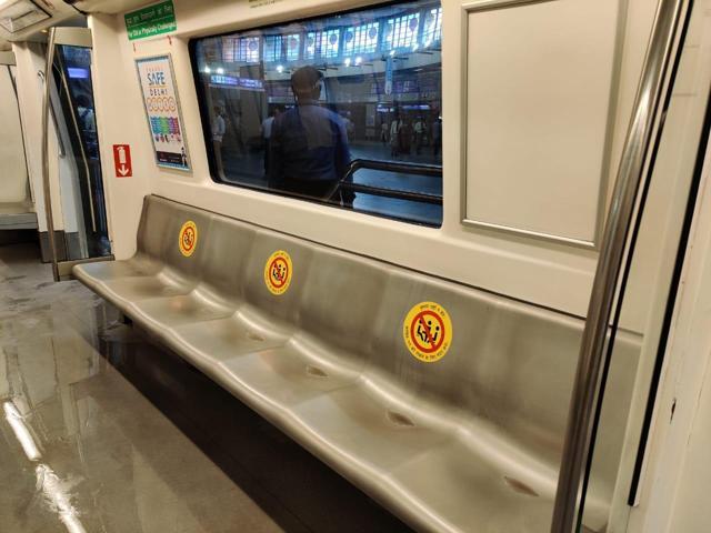 Social distancing signs on train seats to ensure overcrowding. (Soumya Pillai/HT Photo )