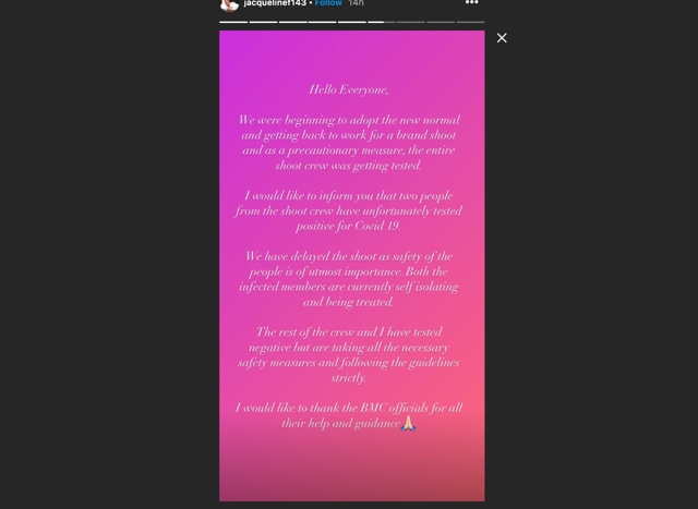 Note shared by Jacqueline Fernandez on Instagram. Note shared by Jacqueline Fernandez on Instagram.
