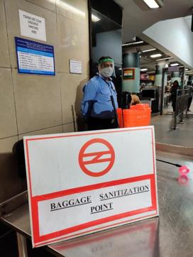 A baggage sanitising point near the entry gate. (Soumya Pillai/HT Photo )