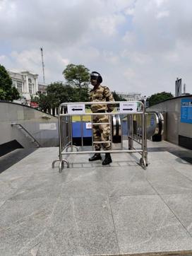 Demarcated entry and exit points at a metro station. (Soumya Pillai/HT Photo )