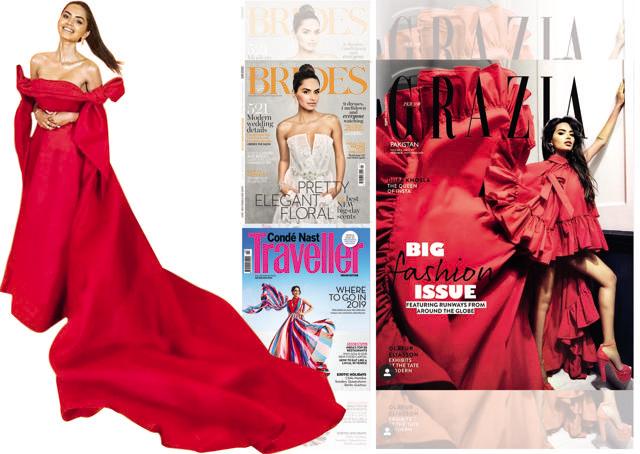 (Clockwise) On the covers of Brides UK, and Condé Nast Traveller India and Grazia Pakistan; Diipa at the premiere of Lion King, July 2019 (Clockwise) On the covers of Brides UK, and Condé Nast Traveller India and Grazia Pakistan; Diipa at the premiere of Lion King, July 2019