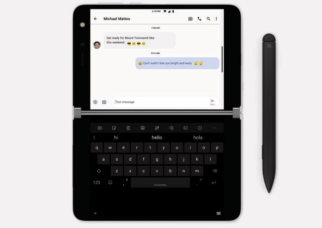 The Microsoft Surface Duo has two 5.6-inch AMOLED displays that have a hinge in between The Microsoft Surface Duo has two 5.6-inch AMOLED displays that have a hinge in between