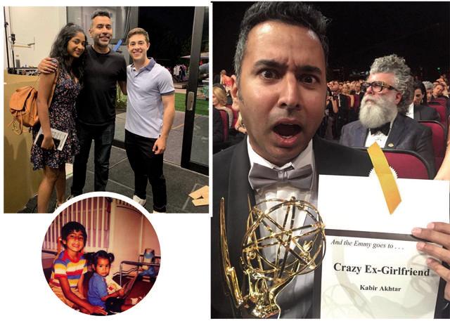 Clockwise from right: Kabir Akhtar thrilled with the Emmy award, 2016; (Inset) As a child with his baby sister Nishat Akhtar; With Maitreyi Ramakrishnan and Jaren Lewison from the show Never Have I Ever Clockwise from right: Kabir Akhtar thrilled with the Emmy award, 2016; (Inset) As a child with his baby sister Nishat Akhtar; With Maitreyi Ramakrishnan and Jaren Lewison from the show Never Have I Ever