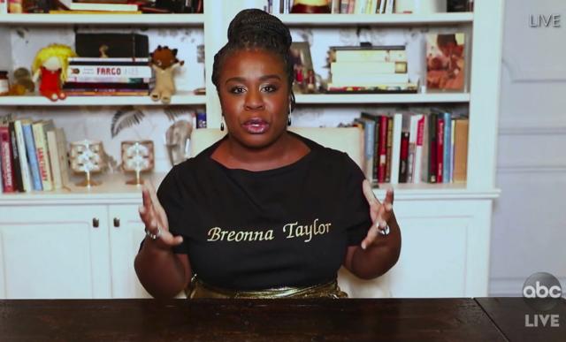 In this video grab captured on Sept. 20, 2020, courtesy of the Academy of Television Arts & Sciences and ABC Entertainment, Uzo Aduba accepts the award for outstanding supporting actress in a limited series or movie for "Mrs. America" during the 72nd Emmy Awards broadcast. (AP) In this video grab captured on Sept. 20, 2020, courtesy of the Academy of Television Arts & Sciences and ABC Entertainment, Uzo Aduba accepts the award for outstanding supporting actress in a limited series or movie for "Mrs. America" during the 72nd Emmy Awards broadcast. (AP)