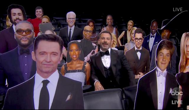 In this video grab captured on Sept. 20, 2020, courtesy of the Academy of Television Arts & Sciences and ABC Entertainment, host Jimmy Kimmel speaks surrounded by cardboard cutouts of actors in the audience during the 72nd Emmy Awards broadcast. (AP) In this video grab captured on Sept. 20, 2020, courtesy of the Academy of Television Arts & Sciences and ABC Entertainment, host Jimmy Kimmel speaks surrounded by cardboard cutouts of actors in the audience during the 72nd Emmy Awards broadcast. (AP)