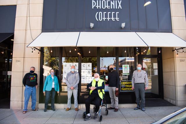 Bob Humrick, 71, a retired chemist, from left, Anne Hunter, a career coach, Park Goist, 84, Art Brooks, a retired real-estate lawyer, Kermit Lind, 78, a former college professor, and Cliff Lewis, 65, gather outside Phoenix Coffee for a photograph in Cleveland Heights, Ohio, U.S., on Saturday, Sept. 19, 2020. (Bloomberg) Bob Humrick, 71, a retired chemist, from left, Anne Hunter, a career coach, Park Goist, 84, Art Brooks, a retired real-estate lawyer, Kermit Lind, 78, a former college professor, and Cliff Lewis, 65, gather outside Phoenix Coffee for a photograph in Cleveland Heights, Ohio, U.S., on Saturday, Sept. 19, 2020. (Bloomberg)