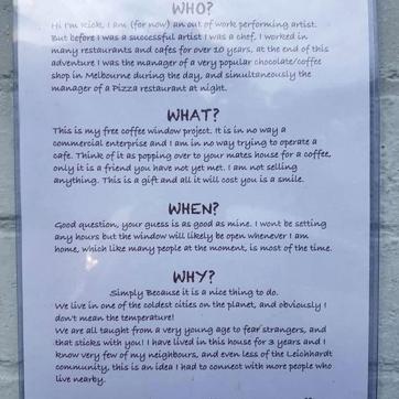 A sign describing Rick Everett’s complimentary coffee and conversation window. (AP) A sign describing Rick Everett’s complimentary coffee and conversation window. (AP)
