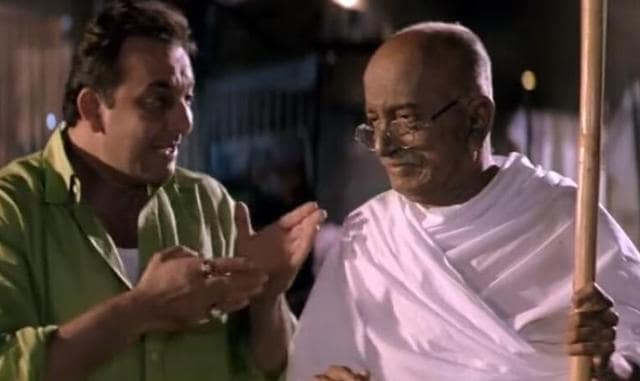 Sanjay Dutt as Munnabhai and Dilip Prabhavalkar as Gandhi in Lage Raho Munna Bhai (2006). Sanjay Dutt as Munnabhai and Dilip Prabhavalkar as Gandhi in Lage Raho Munna Bhai (2006).