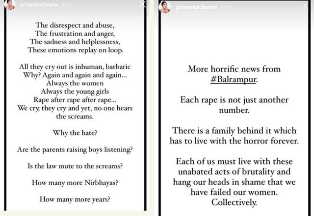 Priyanka Chopra reacted to Hathras and Balrampur gang-rapes on Instagram. Priyanka Chopra reacted to Hathras and Balrampur gang-rapes on Instagram.