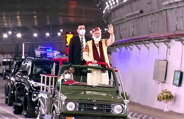 Prime Minister Narendra Modi taking a ride through the Atal Tunnel. (PTI Photo) Prime Minister Narendra Modi taking a ride through the Atal Tunnel. (PTI Photo)