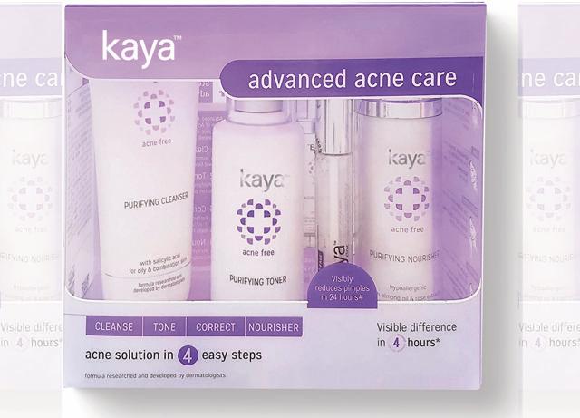 Advance acne care kit by Kaya, which contains a cleanser, toner, corrector and nourishing lotion