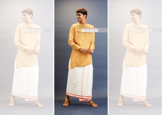 Kurta, Allen Solly; dhoti, sourced from the local market; footwear, Bata Kurta, Allen Solly; dhoti, sourced from the local market; footwear, Bata