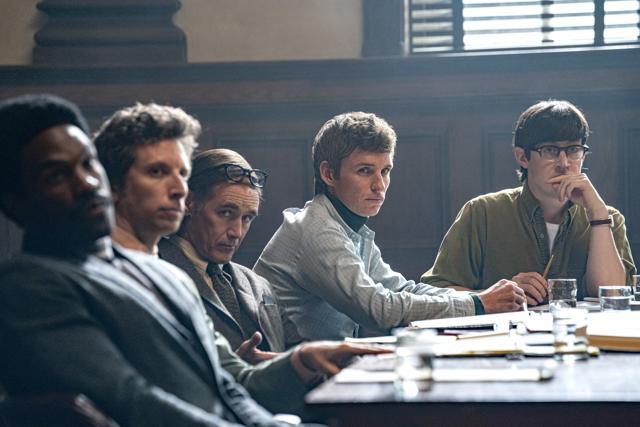 Yahya Abdul-Mateen II as Bobby Seale, Ben Shenkman as Leonard Weinglass, Mark Rylance as William Kuntsler, Eddie Redmayne as Tom Hayden, Alex Sharp as Rennie Davis. (NICO TAVERNISE/NETFLIX © 2020) Yahya Abdul-Mateen II as Bobby Seale, Ben Shenkman as Leonard Weinglass, Mark Rylance as William Kuntsler, Eddie Redmayne as Tom Hayden, Alex Sharp as Rennie Davis. (NICO TAVERNISE/NETFLIX © 2020)