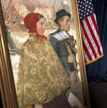 “Winter,” a painting by American artist Gari Melchers, sits on display during a repatriation ceremony. (Associated Press)