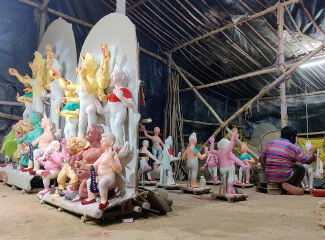Kali Mandir, which would usually be filled with rows of idols, only has a few small idols. Kali Mandir, which would usually be filled with rows of idols, only has a few small idols.