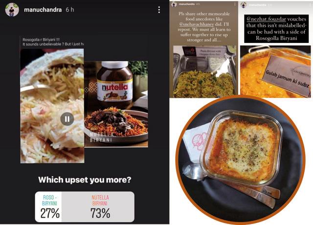 Screenshots of responses to chef Manu’s Instagram poll to choose between Nutella biryani and rasgulla biryani, as well as his responses to his call for usual dishes Screenshots of responses to chef Manu’s Instagram poll to choose between Nutella biryani and rasgulla biryani, as well as his responses to his call for usual dishes