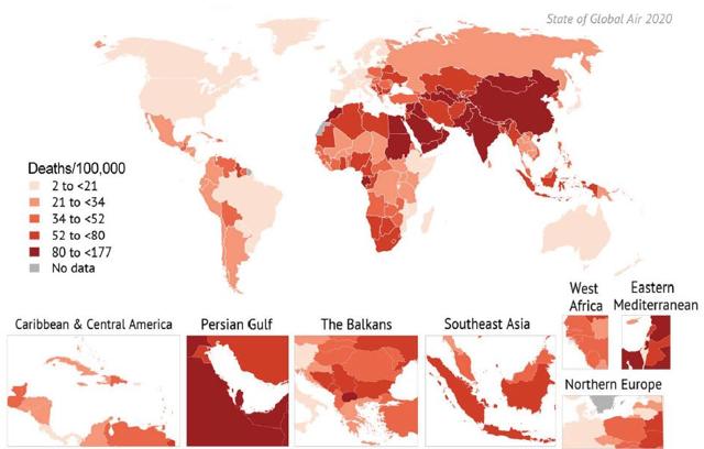 Global map of age-standardised rates of death attributable to PM2.5 in 2019. (Sourced)