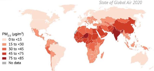 Global map of population-weighted annual average PM2.5 concentrations in 2019. (Sourced)