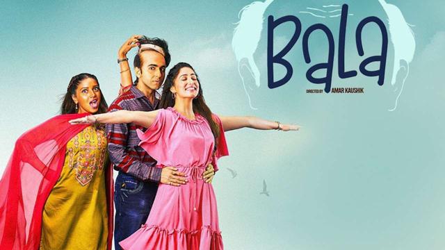 Bhumi Pednekar, Ayushmann Khurran and Yami Gautam in Bala. (Movie poster) Bhumi Pednekar, Ayushmann Khurran and Yami Gautam in Bala. (Movie poster)