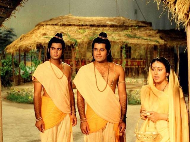 Actors Sunil Lahiri, Arun Govil and Dipika Chikhlia in a still from the TV show Ramayan.