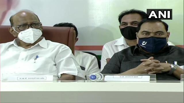Eknath Khadse with the NCP chief Sharad Pawar in Mumbai on Friday (Photo: ANI) Eknath Khadse with the NCP chief Sharad Pawar in Mumbai on Friday (Photo: ANI)