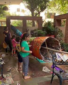 Some children are making their own Ravana effigies out of recyclable materials. Some children are making their own Ravana effigies out of recyclable materials.