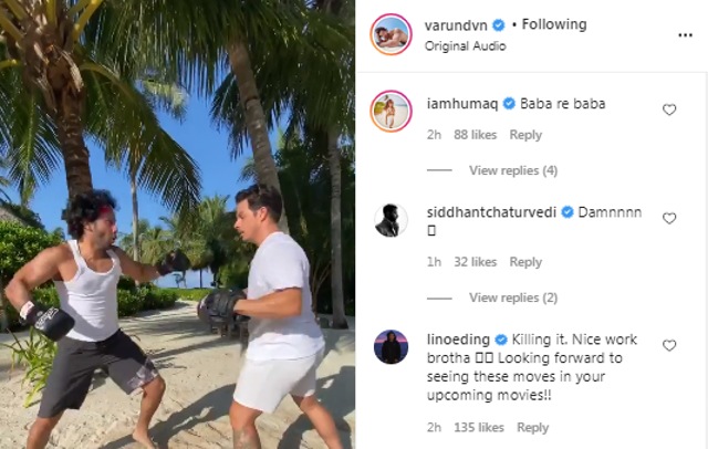 Huma, Siddhant and Lin’s comments on Varun’s kickboxing video (Instagram/varundvn)
