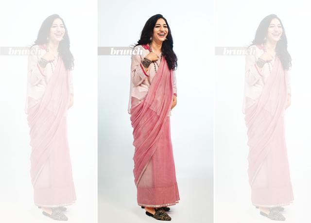 Yasmin bought this saree from Sanjay Garg 13-14 years ago even before he had launched his label. Sari, Raw Mango (her own); kurta (worn as blouse), Qidwa; mules, Needle Dust; earrings and necklace and ring, Amrapali (Shivamm Paathak) Yasmin bought this saree from Sanjay Garg 13-14 years ago even before he had launched his label. Sari, Raw Mango (her own); kurta (worn as blouse), Qidwa; mules, Needle Dust; earrings and necklace and ring, Amrapali (Shivamm Paathak)