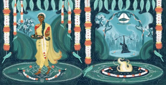 Arjun piercing the belly of the fish to win Draupadi’s hand in marriage. (Sonali Zohra/Mahabharata for Children)