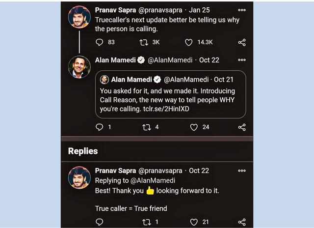 TrueCaller CEO’s reply to Pranav Sapra’s tweet TrueCaller CEO’s reply to Pranav Sapra’s tweet