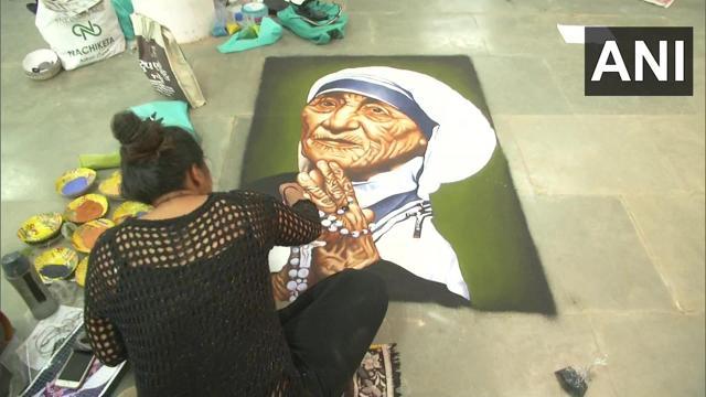 A rangoli maker said, “Every year, we make a number of rangolis of different personalities.” (Twitter/@ANI)