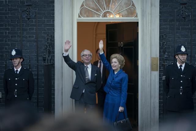 Dennis Thatcher (Stephen Boxer) and Margaret Thatcher (Gillian Anderson) in a still from The Crown. (Des Willie/Netflix) Dennis Thatcher (Stephen Boxer) and Margaret Thatcher (Gillian Anderson) in a still from The Crown. (Des Willie/Netflix)
