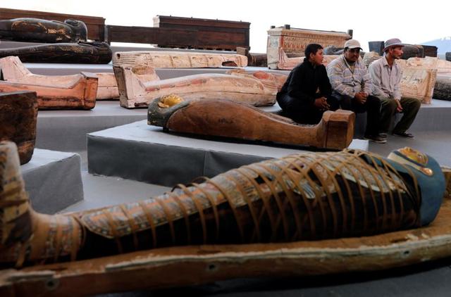 Sarcophaguses that are around 2500 years old, from the newly discovered burial site near Egypt's Saqqara necropolis, are seen during a presentation in Giza, Egypt November 14, 2020. (REUTERS)